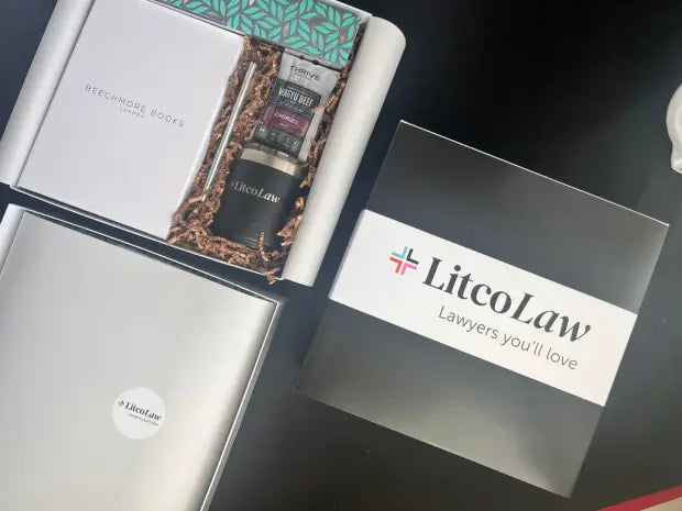 Litco Law gift box with branded print details and an inner seal