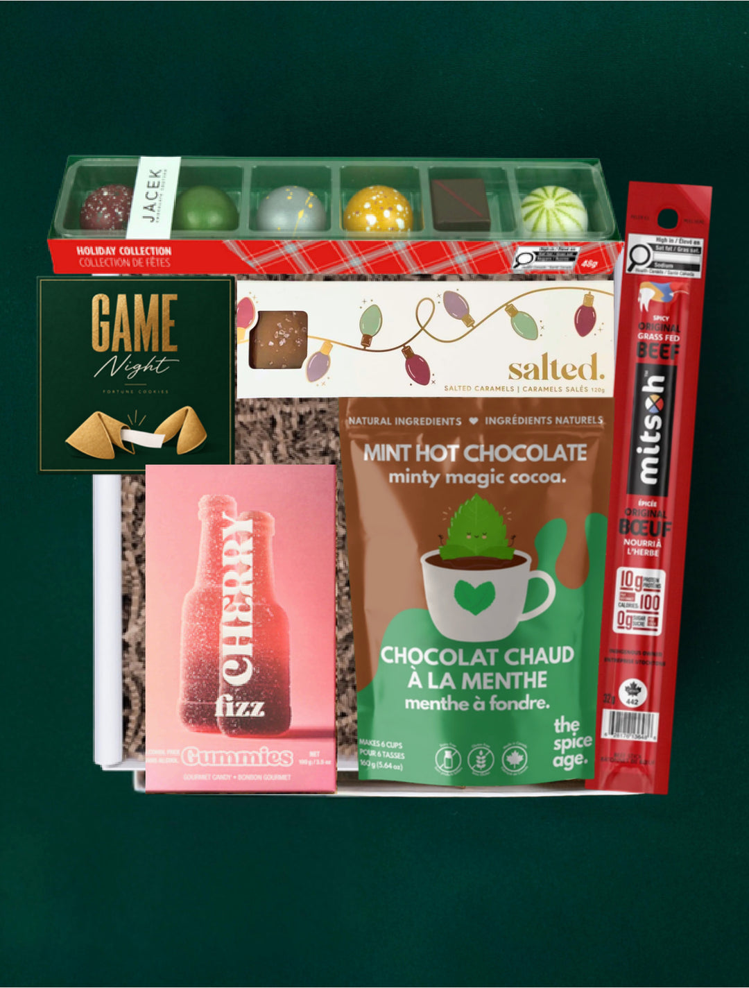 The Holiday Treats gift selection with JACEK truffles, Salted caramels, Vesper Candy gummies, hot chocolate, jerky and fortune cookies.
