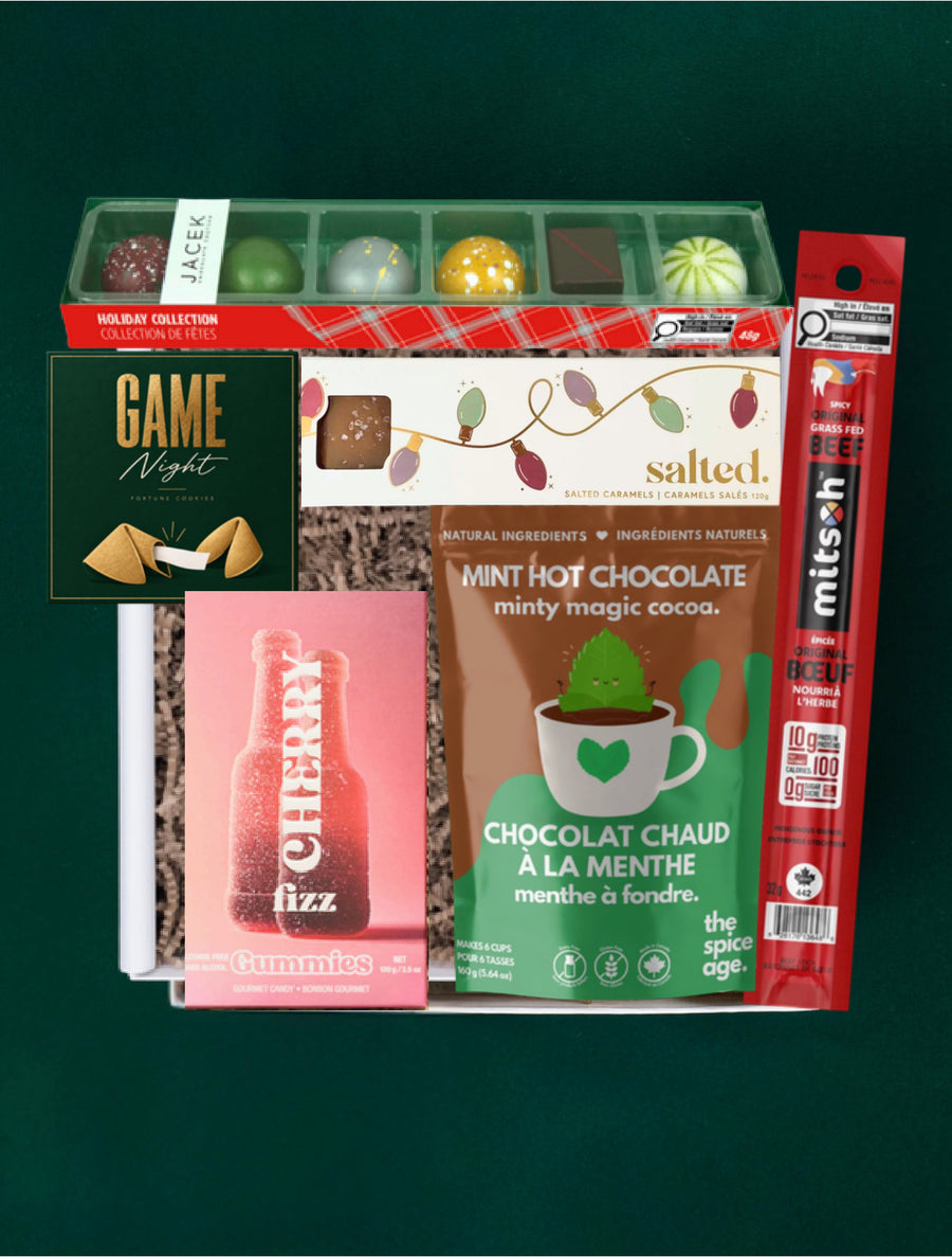 The Holiday Treats gift selection with JACEK truffles, Salted caramels, Vesper Candy gummies, hot chocolate, jerky and fortune cookies.