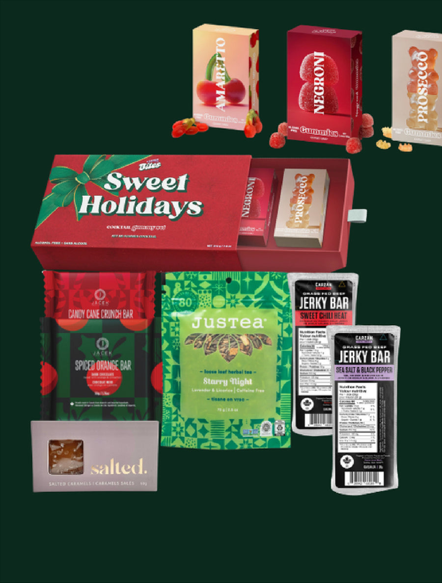 Sweet Holidays gift selection with Vesper Candy boxed gummies, JACEK chocolate, JusTea, Salted caramels and jerky.