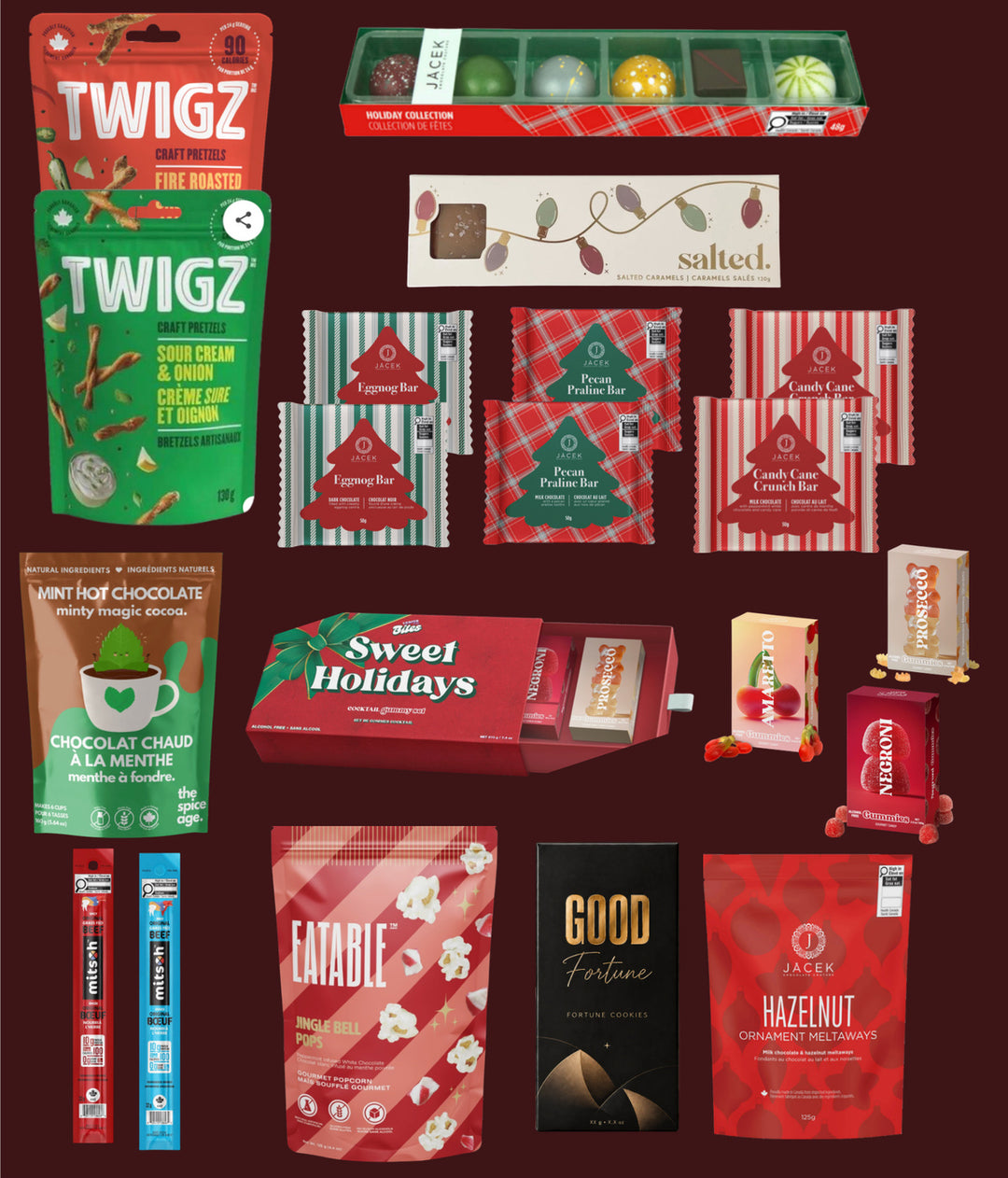 The Shareable Holiday Party gift selection with JACEK chocolate, Salted caramels, Vesper Candy gummies, Twigz pretzels and popcorn.