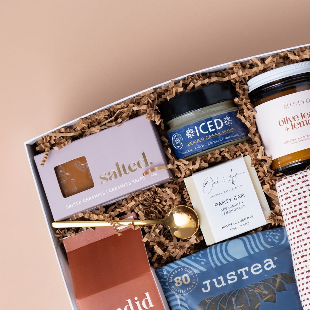 Salted caramels, Beaver Creek iced honey, natural soap, tea and a gold spoon in the Call It Home gift.