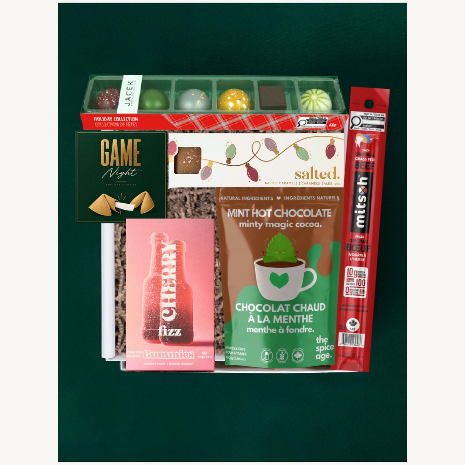 The Holiday Treats gift selection with JACEK truffles, Salted caramels, Vesper Candy gummies, hot chocolate, jerky and fortune cookies.