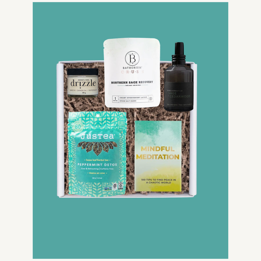 Deep Rest gift box with Drizzle honey, JusTea, Bathorium Northern Sage Recovery, linen spray and meditation cards.