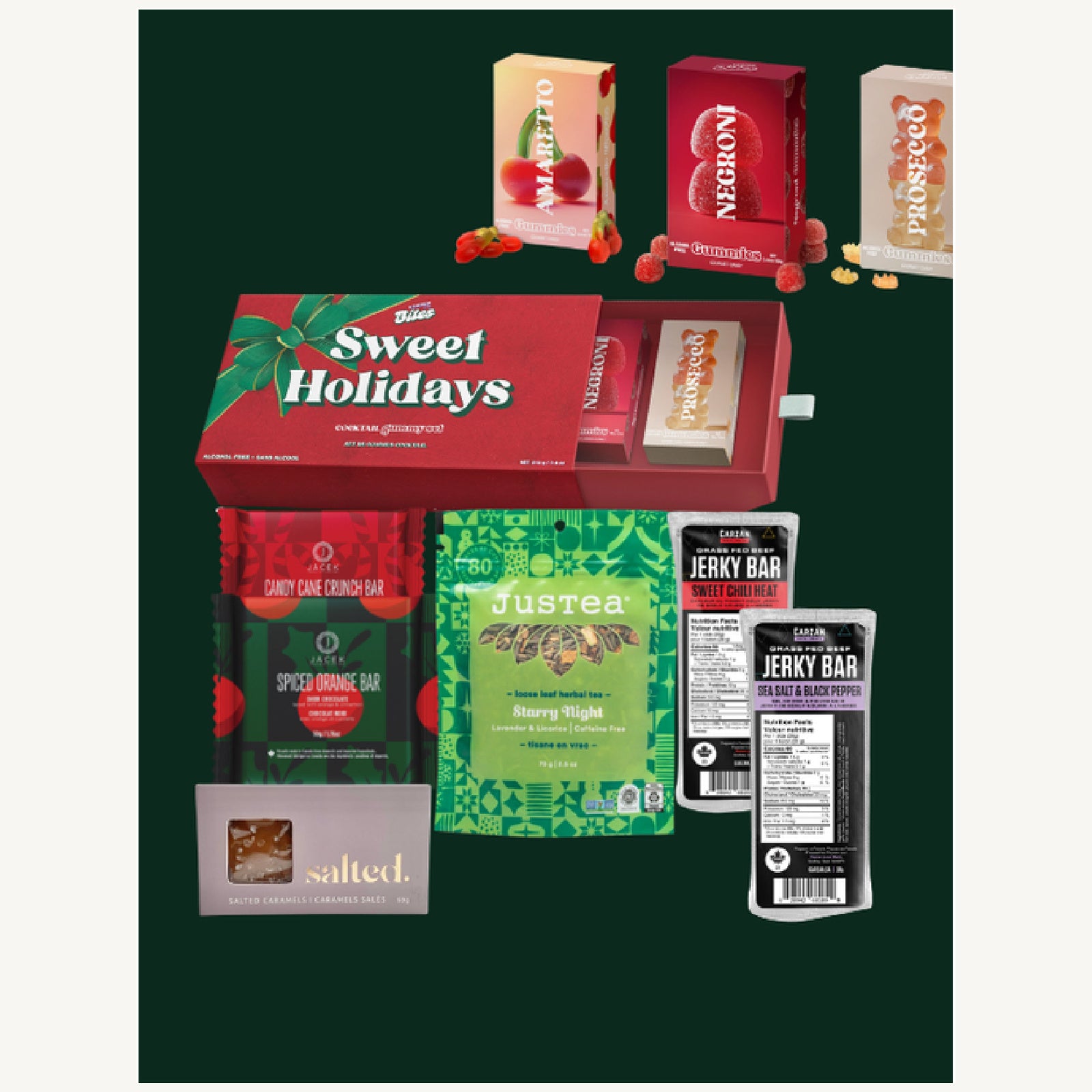Sweet Holidays gift selection with Vesper Candy boxed gummies, JACEK chocolate, JusTea, Salted caramels and jerky.