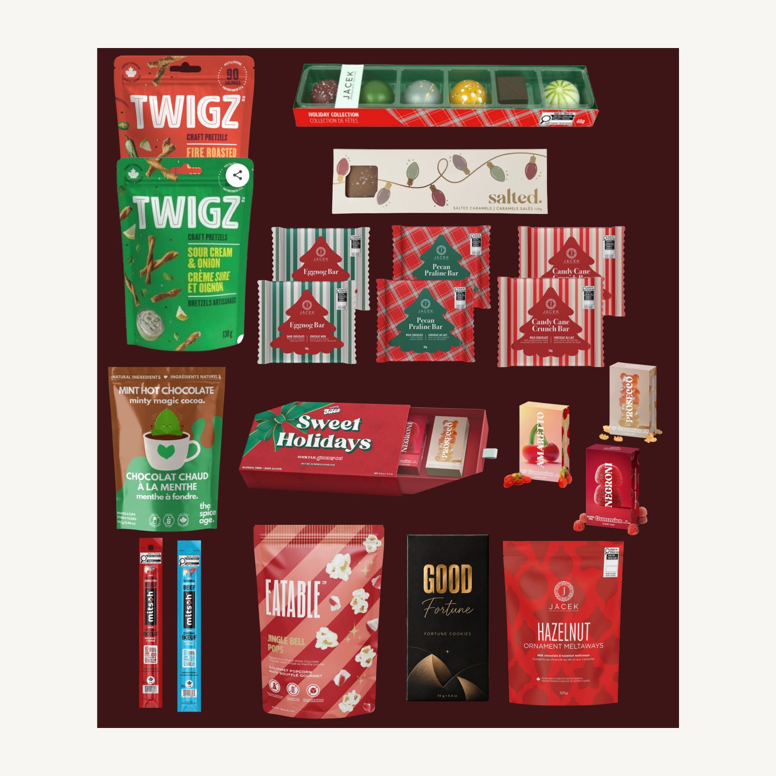 The Shareable Holiday Party gift selection with JACEK chocolate, Salted caramels, Vesper Candy gummies, Twigz pretzels and popcorn.
