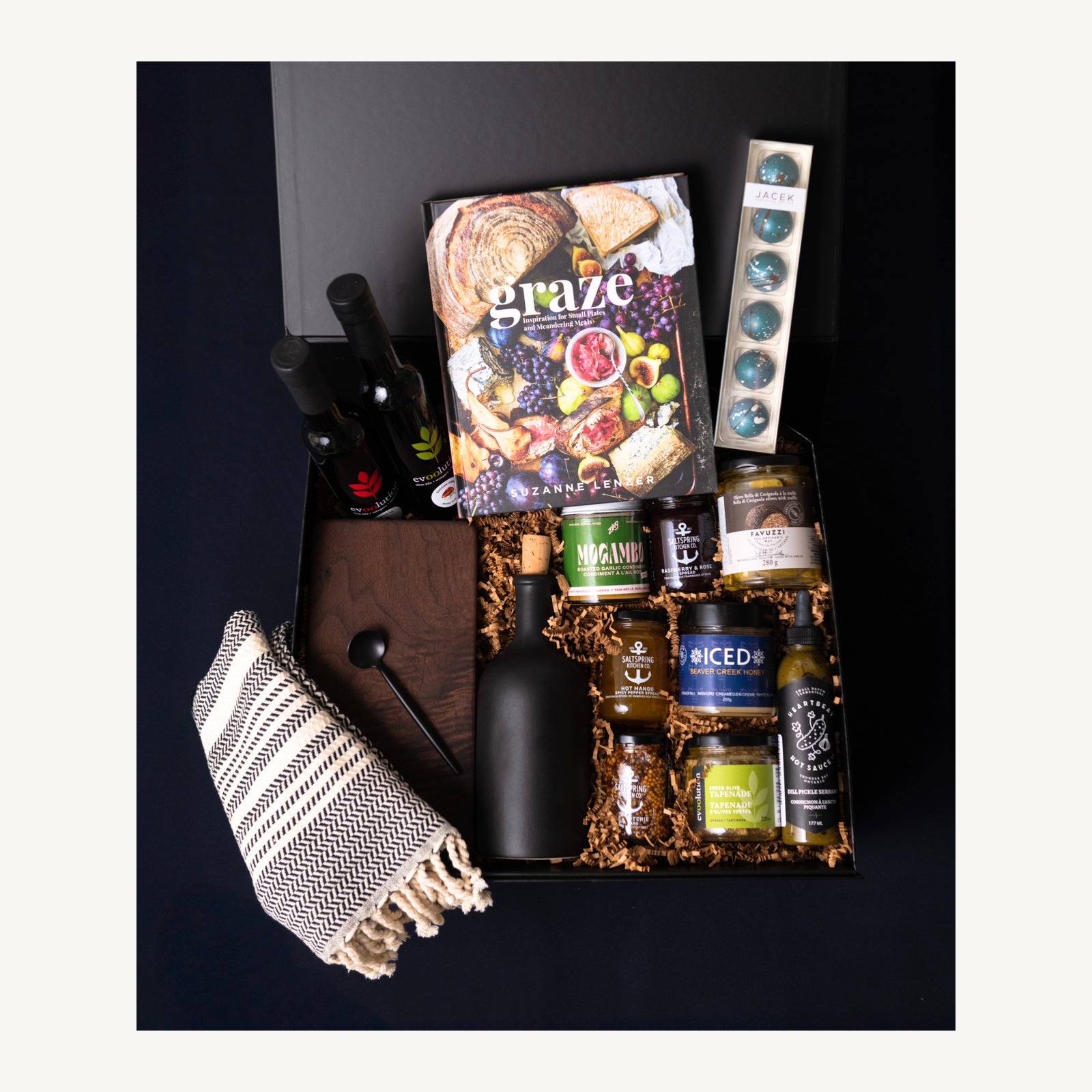 Gather & Graze gourmet gift selection with a walnut board, Graze recipe book, ceramic oil bottle, honey and pantry favourites.