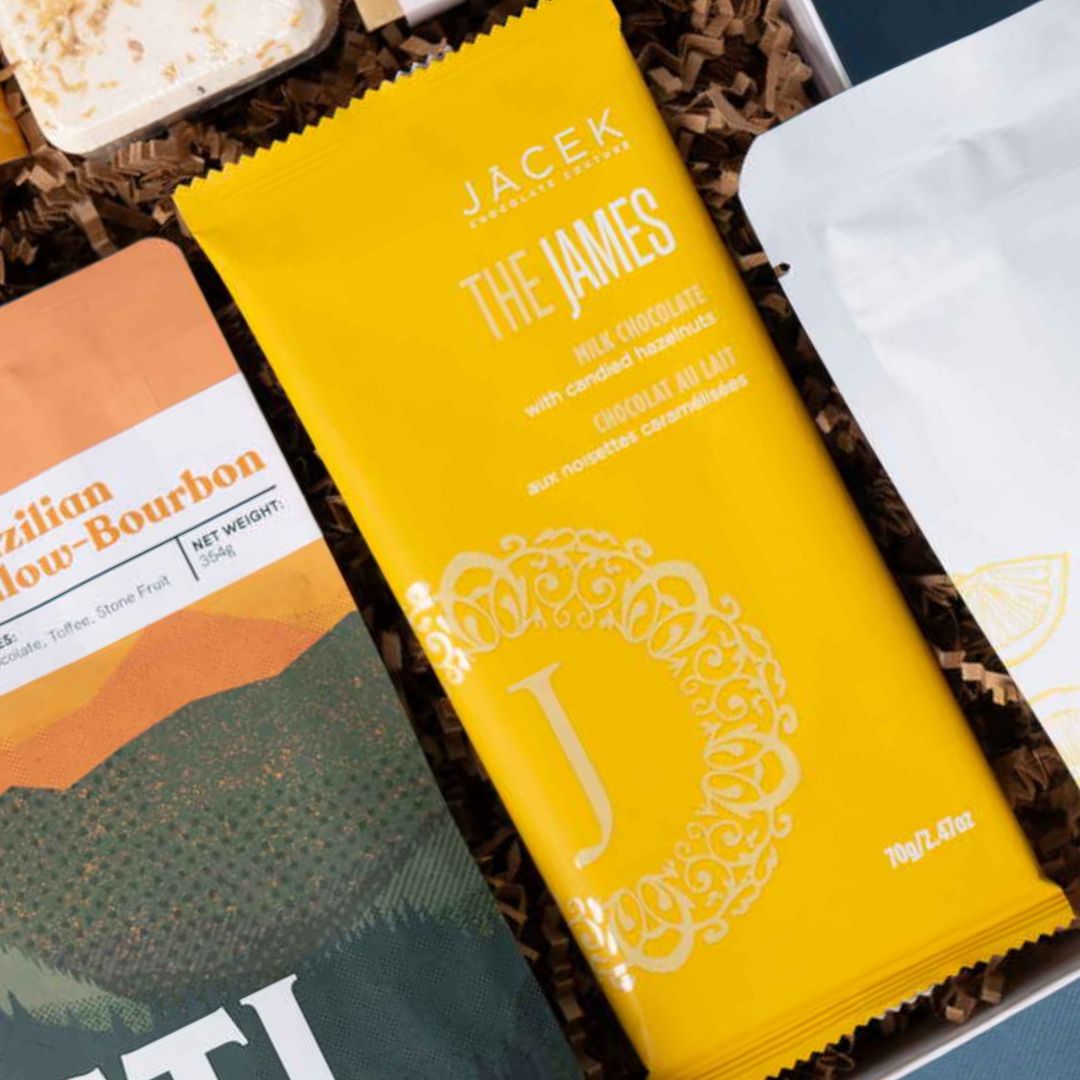 JACEK The James chocolate bar beside Roasti coffee in The Park gift.