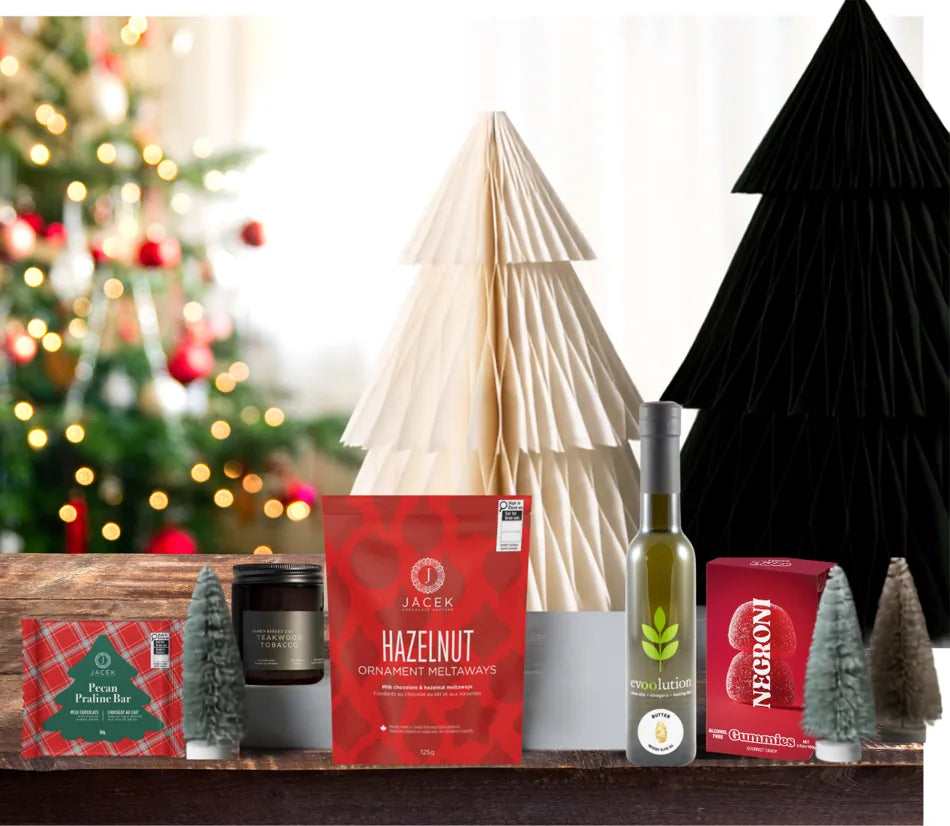 Gray Jay holiday gift products with Canadian chocolate, a candle and festive presentation